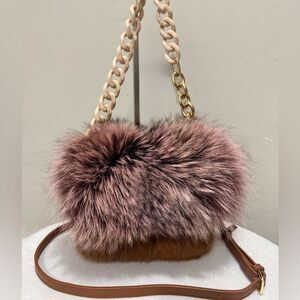 Handmade Real Mink Fur with Finn Raccoon Fur Flap Handbag, with 2 Strap Styles